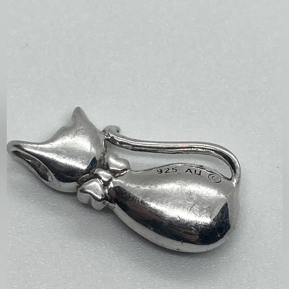 925 Sterling Silver & Black Crystal Kitty Cat Pendant | .9” L x .4” W - Picture 4 of 8